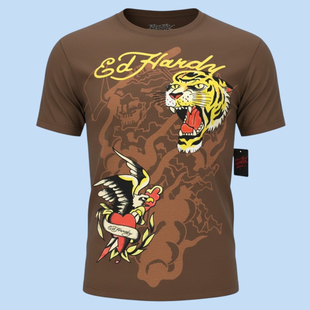 New Ed Hardy Shirt Men M Cocoa Brown Tiger Eagle Oriental Tattoo Artist Graphic